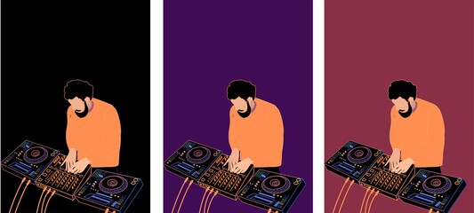 DJ plays music. Vector illustration for banner, poster, postcard. Set with different backgrounds. DJ equipment at night. mixing console and CDj players. Club flyer theme.
