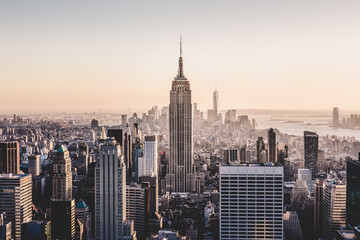 New York City Manhattan downtown skyline at sunset.