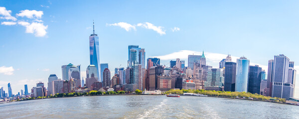 Skyline panorama of downtown Financial District and the Lower Manhattan in New York City, USA. Fish eye effect