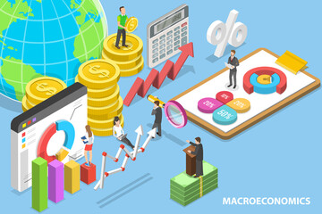 3D Isometric Flat Vector Conceptual Illustration of Macroeconomics, Global Financial System, Gross Domestic Product