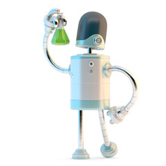 Robot with test flask. Technology research concept. 3D illustration. Isolated
