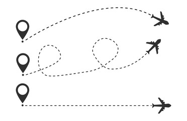 Plane line path. Airplane directional pathway, map dotted trail and fly direction. Aircrafts and pins vector symbols. Airplane moving pathway, aeroplane silhouette route illustration.