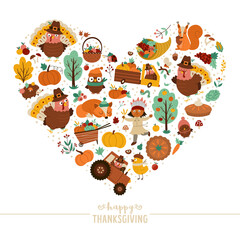 Fototapeta na wymiar Vector heart shaped frame with comic turkey, forest animals, Thanksgiving elements, pumpkins, harvest. Autumn card template design for banners, posters, invitations. Cute fall illustration.