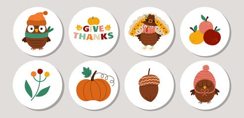 Cute set of Thanksgiving round cards with turkey, owl, harvest. Vector autumn holiday highlight icons collections. Fall design for tags, postcards, ads, social media.