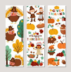 Cute set of Thanksgiving vertical cards with turkey, forest animals, harvest, pilgrims. Vector autumn holiday vertical print templates. Fall bookmark design for tags, postcards, ads.