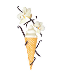Vanilla soft serve ice cream with vanilla sticks and flowers in wafer cone close-up, isolated on...