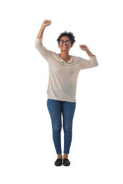 Black woman with arms raised