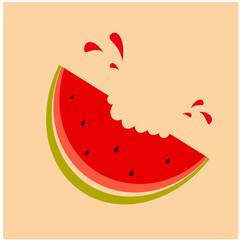 Vector illustration of a bitten juicy watermelon. Splashes from the bite. Ripe watermelon. Watermelon. Postcard with watermelon