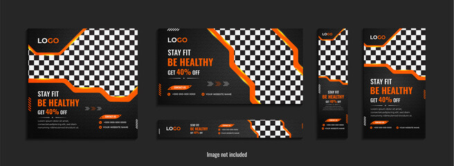 Gym social media and web banner set design with creative shapes.