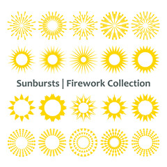 Set of yellow sunbursts or fireworks on white background. Vector vintage or retro light explosion rays design elements. Stylized sun, graphic burst, sunrise, starburst or firecracker collection