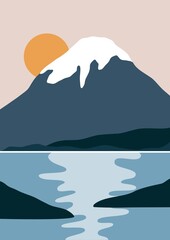Minimalist landscape mountain poster. Abstract contemporary nature background, sunset wall design. Vector illustration