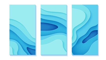 Set of blue flyers in paper cut style. Collection of vertical banners 3d abstract background. Vector environmental cards template with top view cut out wavy shapes for posters, business presentations