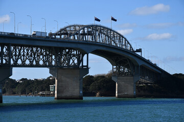 Eastern side of Auckland Harbour Bridge, which spans Waitematā Harbour in Auckland, New Zealand