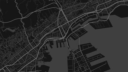 Dark black Kobe City area vector background map, streets and water cartography illustration. - obrazy, fototapety, plakaty