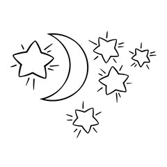 Moon and stars in cartoon childish style. Celestial objects coloring line. Vector illustration isolate