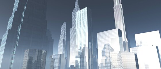 Stylized skyscrapers against the sky during sunrise, 3D rendering