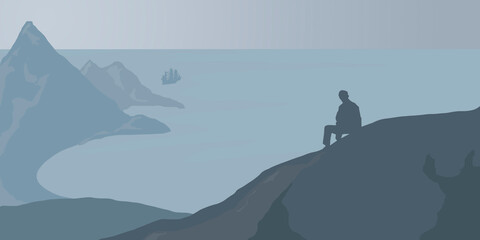 Obraz premium Raster landscape of the sea, mountains, the silhouette of a man and a ship in gray tones. An illustration with a person, mountains, sea and a ship is suitable for backgrounds, postcards and banners.