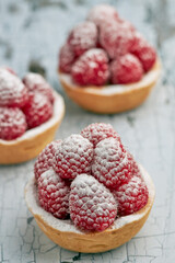 Set of appetizing raspberry tartlets with icing sugar on a spongy sponge base on a wooden table.