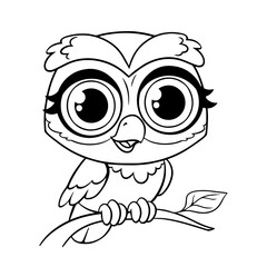 Owl cute cartoon. Line illustration for coloring book. Children s illustration, owl. Funny character with big eyes. Vector isolate