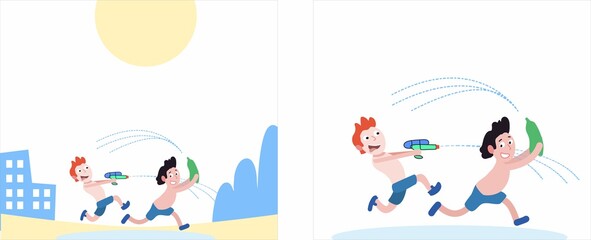 Boys with water pistols. Vector illustration. Children's games without the Internet. Summer fun outside the home. Water procedures. Children's joy. Naked in the city.