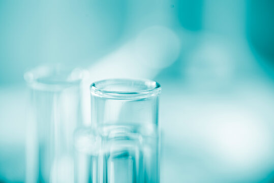 Blurred background. Chemical test tubes close up. Medicine, pharma