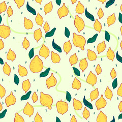 seamless pattern with lemons. yellow lemons and green leaves. hand drawing. bright juicy pattern
