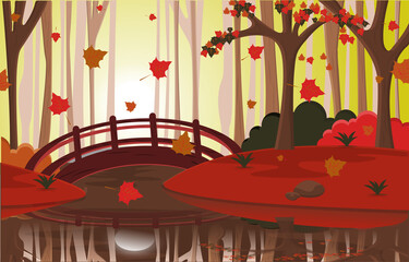 Autumn Fall Season Countryside River Bridge Nature Landscape Illustration