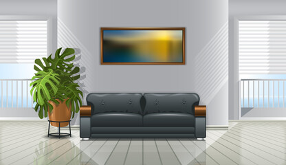 Interior with sofa, plant and picture on the wall. Vector illustration