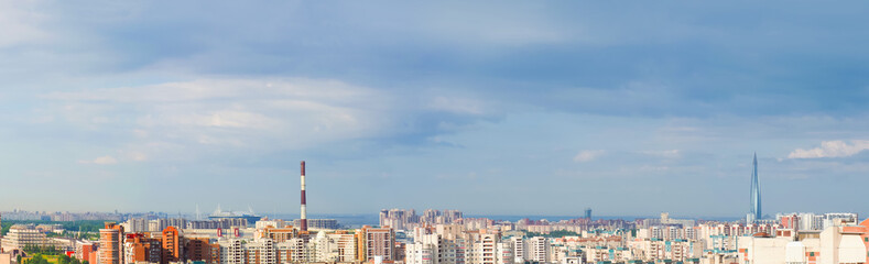 Obraz premium Panoramic aerial view of the Primorsky district of Saint Petersburg, Russia, the Gulf of Finland, Skyscraper Lakhta center and Gazprom Arena in the background