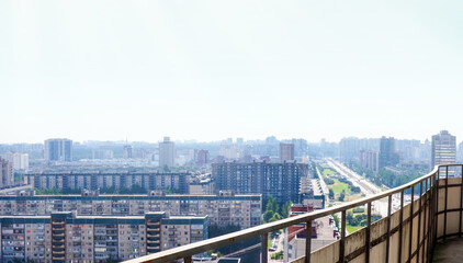 Panoramic view from the open balcony of a skyscraper of the residential areas Primorsky district of St. Petersburg, Russia