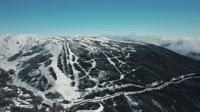 An aerial shot of snow moutain at Falls Creek, along the ski resort, VIC Australia