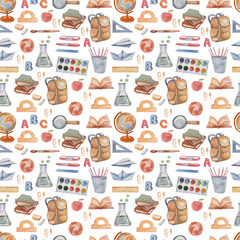 School school supplies set clipart watercolor by hand. Print textile realism globuch books backpack