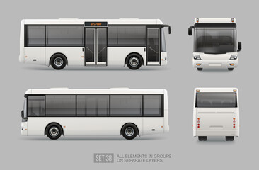 Realistic vector White passenger City Bus template isolated on grey background. Passenger Transport for brand identity and advertising mockup design. Blank surface Mini Bus