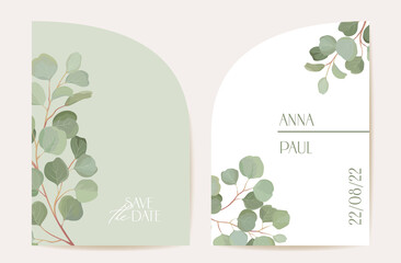 Modern minimal Art Deco wedding vector Invitation set. Boho eucalyptus, green leaf branches card template