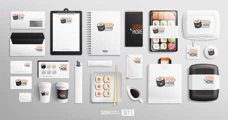 Sushi and Bar Branding identity items and package design with logo Japanese food restaurant. White Corporate style design for Sushi and package mockup set of lunch box, chopsticks, paper bag, menu