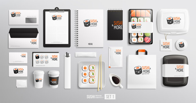 Sushi and Bar Branding identity items and package design with logo Japanese food restaurant. White Corporate style design for Sushi and package mockup set of lunch box, chopsticks, paper bag, menu