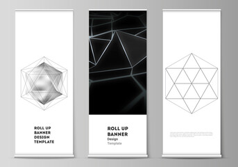 The vector layout of roll up banner stands, vertical flyers, flags design business templates. 3d polygonal geometric modern design abstract background. Science or technology vector illustration.