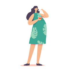 Female Character with Big Belly Enjoy Delicious Meal and Smile. Pregnant Woman Eating Soup from Bowl, Maternity Concept