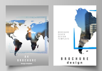 Vector layout of A4 cover mockups templates for brochure, flyer layout, cover design, book design, brochure cover. Design template in the form of world maps and colored frames, insert your photo. © Raevsky Lab