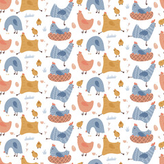 Seamless pattern with cute hens. Color creative baby texture with chickens and eggs. Vector illustration in flat childish style,