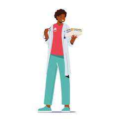 Medical Volunteering Concept. Doctor Male Character with Volunteer Emblem Holding Medicine for Diseased People