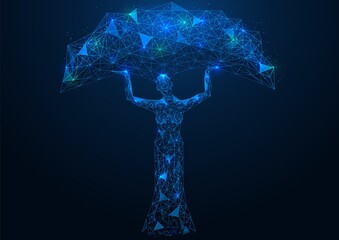 The silhouette of a tree with a female body. Polygonal construction of lines and points. Blue background.