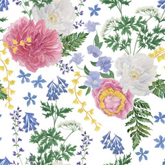 Watercolor painting seamless pattern with peony and meadow flowers