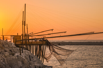 Apulia, Italy view of trabucco is an old fishing wood platform typical of the coast of Gargano National Park.