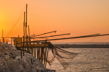Apulia, Italy view of trabucco is an old fishing wood platform typical of the coast of Gargano...