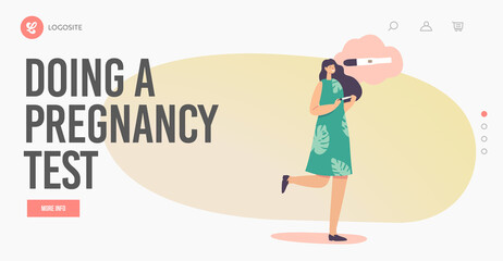 Positive Pregnancy Test Landing Page Template. Fertility, Happy Female Character Maternity or Motherhood, Planning