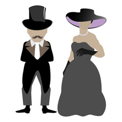 Antique lady and gentleman. Ancient retro clothing. A woman in a ball gown and a man in a tailcoat. Vector illustration isolated on transparent background.