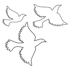 Set of silhouettes of birds. Flight of a flock of pigeons. A bird of peace and kindness. Vector illustration on a transparent background