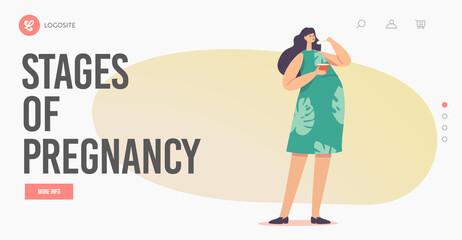 Stages of Pregnancy Landing Page Template. Female Character with Big Belly Enjoy Meal. Pregnant Woman Eating Soup