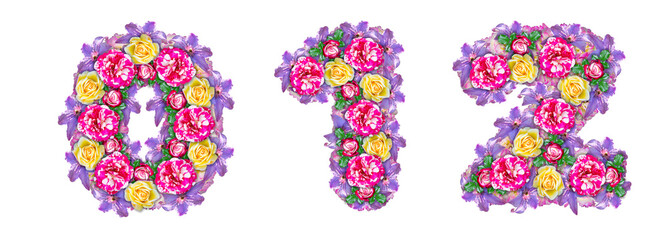 The numbers 0, 1, 2 are made from a bouquet of roses of different varieties